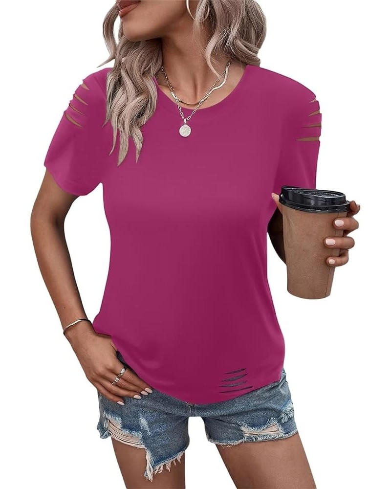 Women's Short Sleeve T Shirts Crew Neck Ripped Cut Out Summer Casual Basic Tees Tops Magenta $14.57 T-Shirts