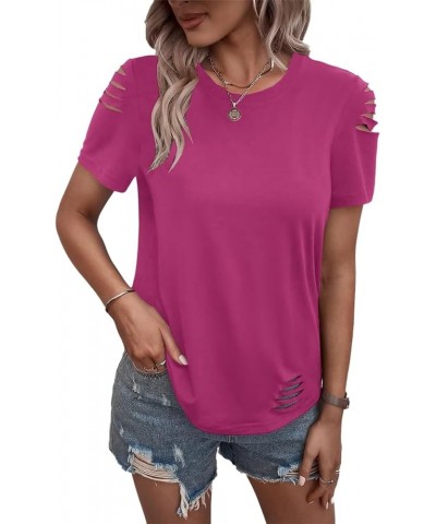 Women's Short Sleeve T Shirts Crew Neck Ripped Cut Out Summer Casual Basic Tees Tops Magenta $14.57 T-Shirts