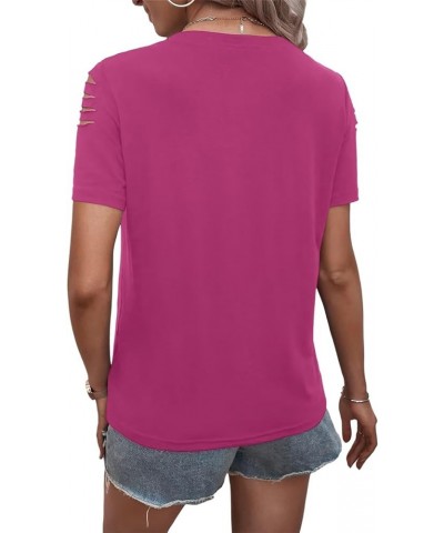 Women's Short Sleeve T Shirts Crew Neck Ripped Cut Out Summer Casual Basic Tees Tops Magenta $14.57 T-Shirts