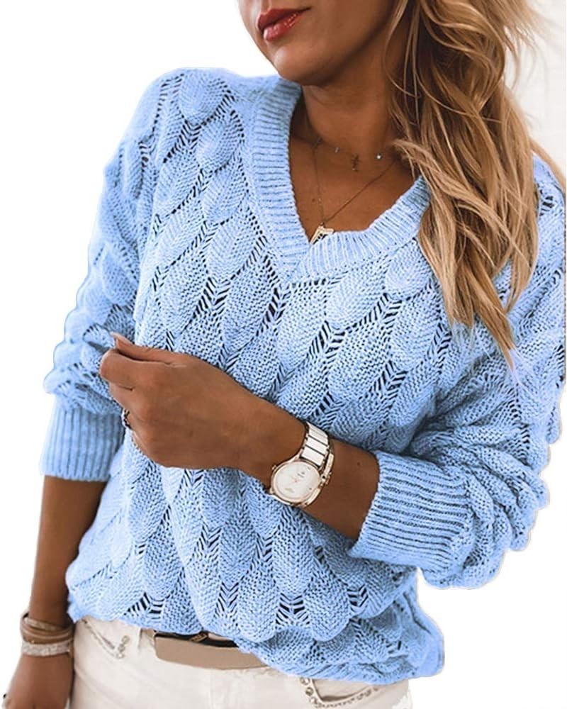 Women's V Neck Long Sleeve Pullover Sweater Lightweight Knit Sweaters Novelty Sweaters Light Blue $17.25 Sweaters