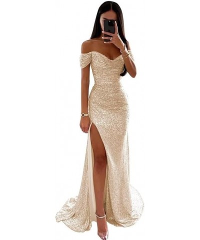 Off Shoulder Sequin Prom Dresses for Women Long Mermaid Pleated Formal Evening Party Gowns with Slit Champagne $33.14 Dresses