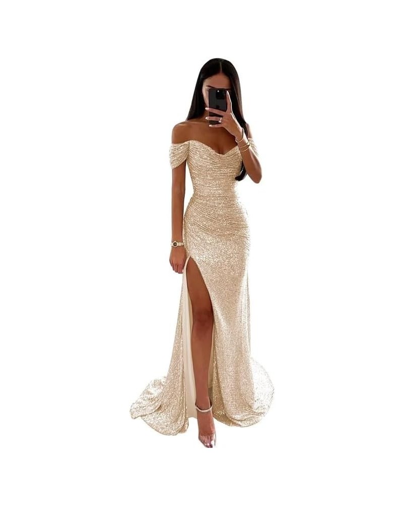 Off Shoulder Sequin Prom Dresses for Women Long Mermaid Pleated Formal Evening Party Gowns with Slit Champagne $33.14 Dresses