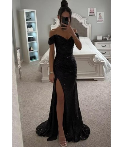 Off Shoulder Sequin Prom Dresses for Women Long Mermaid Pleated Formal Evening Party Gowns with Slit Champagne $33.14 Dresses