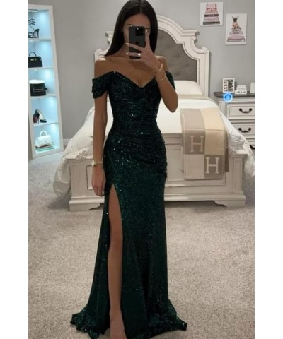 Off Shoulder Sequin Prom Dresses for Women Long Mermaid Pleated Formal Evening Party Gowns with Slit Champagne $33.14 Dresses