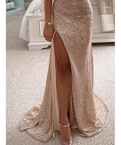 Off Shoulder Sequin Prom Dresses for Women Long Mermaid Pleated Formal Evening Party Gowns with Slit Champagne $33.14 Dresses