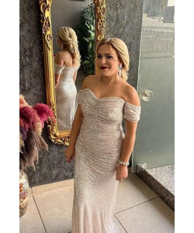 Off Shoulder Sequin Prom Dresses for Women Long Mermaid Pleated Formal Evening Party Gowns with Slit Champagne $33.14 Dresses