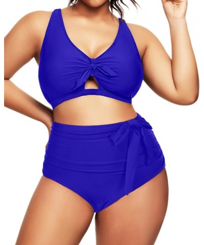 Women 2 Piece Plus Size Bikini Swimsuit High Waisted Bottom Ruched Tie Knot Bathing Suit Blue $16.56 Swimsuits