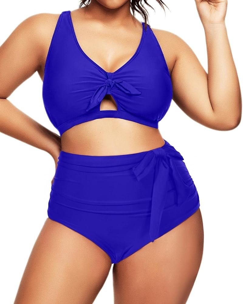 Women 2 Piece Plus Size Bikini Swimsuit High Waisted Bottom Ruched Tie Knot Bathing Suit Blue $16.56 Swimsuits