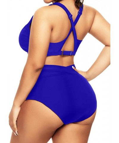 Women 2 Piece Plus Size Bikini Swimsuit High Waisted Bottom Ruched Tie Knot Bathing Suit Blue $16.56 Swimsuits