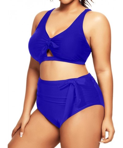 Women 2 Piece Plus Size Bikini Swimsuit High Waisted Bottom Ruched Tie Knot Bathing Suit Blue $16.56 Swimsuits