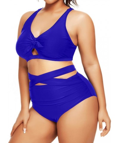 Women 2 Piece Plus Size Bikini Swimsuit High Waisted Bottom Ruched Tie Knot Bathing Suit Blue $16.56 Swimsuits