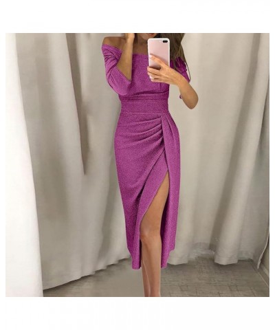 Wedding Guest Dresses for Women 2023 Long Sleeve/One Shoulder Bodycon Slit Ruffle Maxi Sexy Dress H042 Purple $11.25 Dresses