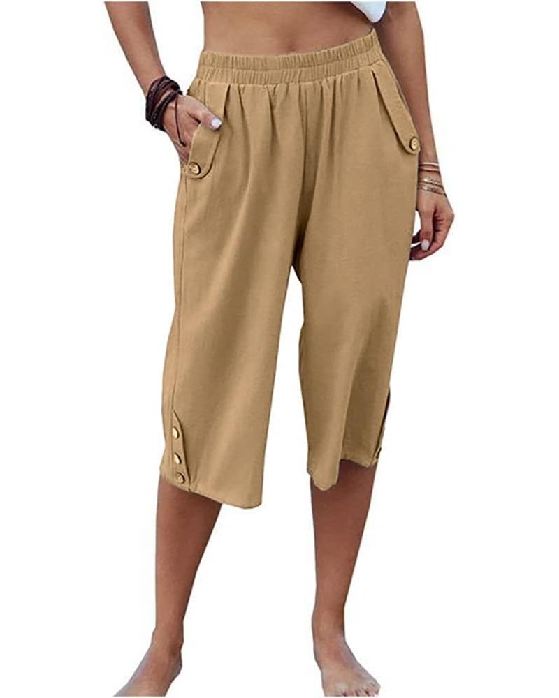 Wide Leg Straight Capri Pants for Women Drawstring Elastic High Waist Joggers Pants Casual Cropped Trousers with Pockets Khak...