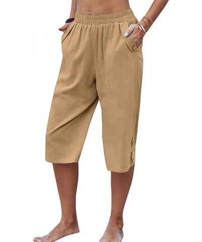 Wide Leg Straight Capri Pants for Women Drawstring Elastic High Waist Joggers Pants Casual Cropped Trousers with Pockets Khak...