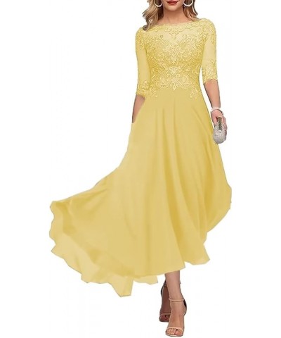 Laces Mother of Bride Dress Tea Length Mother of The Groom Dress with Sleeves Women Beaded Formal Evening Gowns Yellow $36.26...