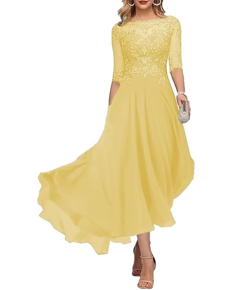 Laces Mother of Bride Dress Tea Length Mother of The Groom Dress with Sleeves Women Beaded Formal Evening Gowns Yellow $36.26...