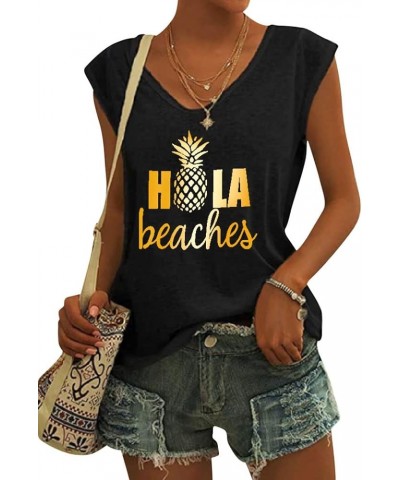 Women Casual Hola Beaches Letter Print Tanks Shirt Pineapple Print Tops Tee Az-black $7.50 Tanks