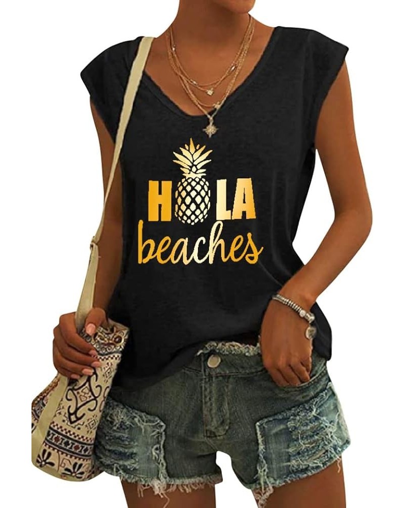 Women Casual Hola Beaches Letter Print Tanks Shirt Pineapple Print Tops Tee Az-black $7.50 Tanks