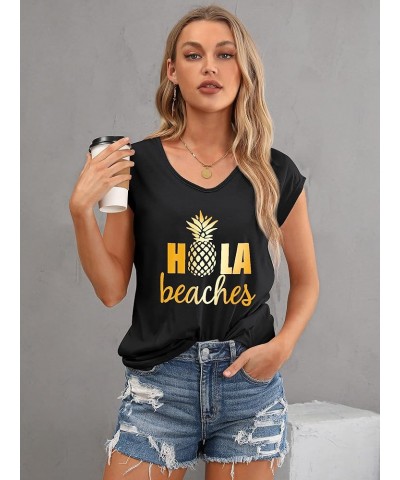 Women Casual Hola Beaches Letter Print Tanks Shirt Pineapple Print Tops Tee Az-black $7.50 Tanks