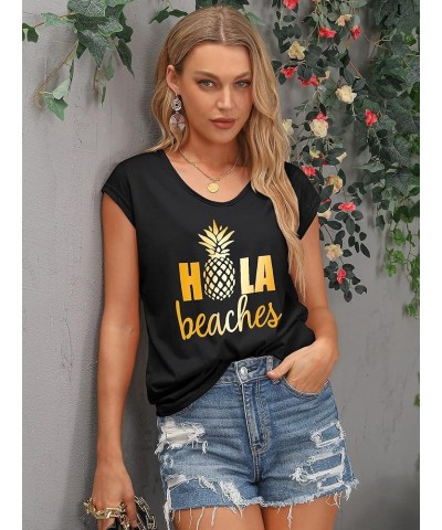 Women Casual Hola Beaches Letter Print Tanks Shirt Pineapple Print Tops Tee Az-black $7.50 Tanks