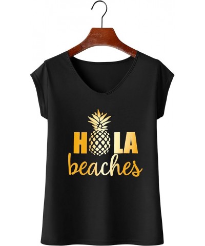 Women Casual Hola Beaches Letter Print Tanks Shirt Pineapple Print Tops Tee Az-black $7.50 Tanks