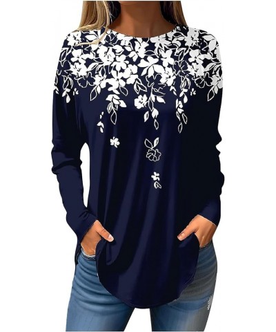 Womens Long Sleeve Tops Casual Spring Fall Print Blouses Plus Size Loose T-Shirts Lightweight Round Neck Tunic Tops 02-navy $...