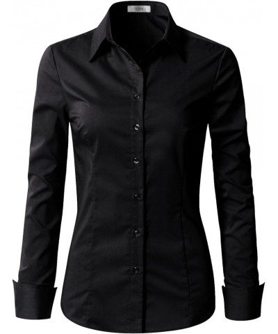 Womens Slim Fit Long Sleeve Stretchy Button Down Collar Shirt Blouse Wbds003-black $10.75 Blouses