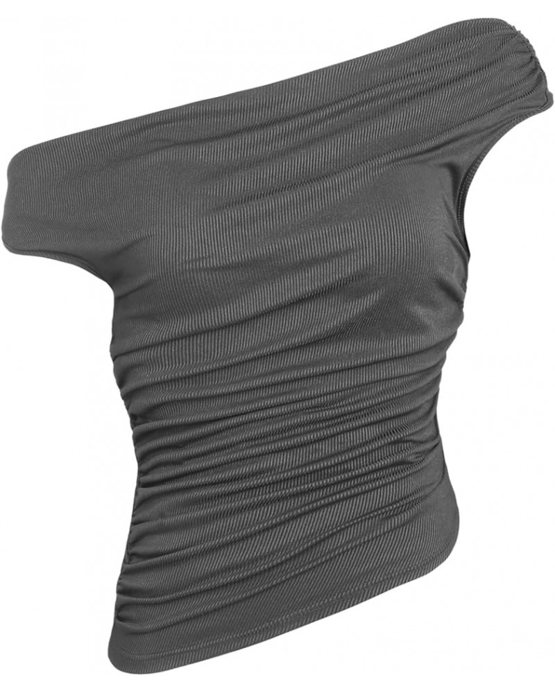 Womens Summer Tops Crop Tops for Women Going Out Tops for Women Asymmetrical Neck Ruched Crop Top Grey $9.17 Tanks