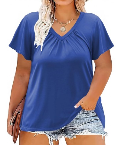 Womens-Plus-Size-Tops Summer Ruffle Short Sleeve Shirts Shirred V Neck Tunics 06_royal Blue $11.25 Tops