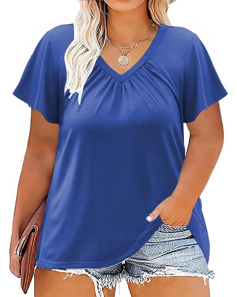 Womens-Plus-Size-Tops Summer Ruffle Short Sleeve Shirts Shirred V Neck Tunics 06_royal Blue $11.25 Tops