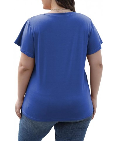 Womens-Plus-Size-Tops Summer Ruffle Short Sleeve Shirts Shirred V Neck Tunics 06_royal Blue $11.25 Tops