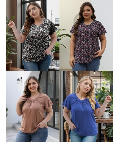 Womens-Plus-Size-Tops Summer Ruffle Short Sleeve Shirts Shirred V Neck Tunics 06_royal Blue $11.25 Tops