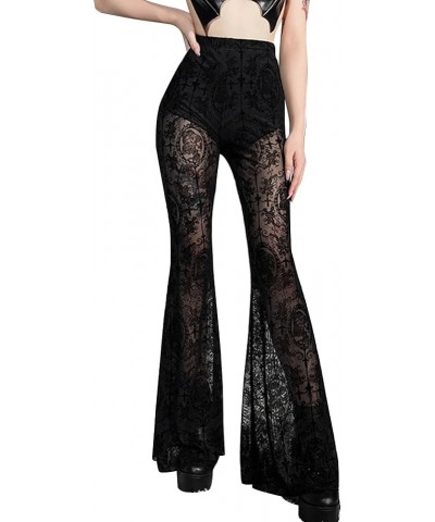 Women's Gothic Sexy Sheer Mesh Pants Lace Crochet Slim Fit Flare Wide Leg Rise Culottes Festival Clubwear 12 Black $11.60 Pants