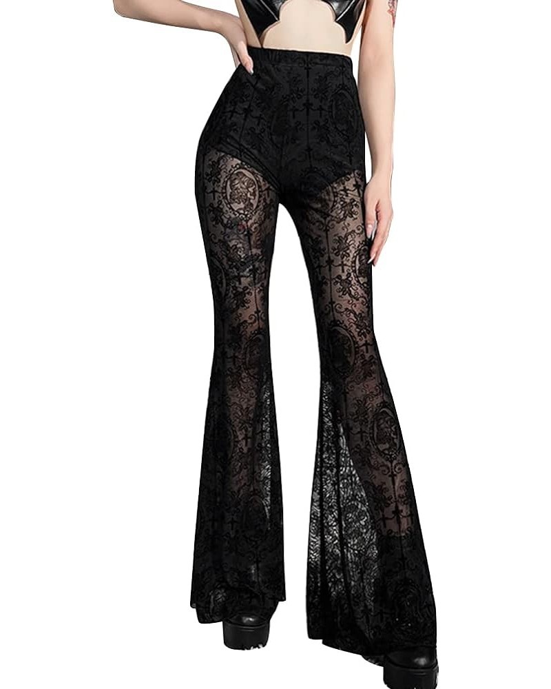 Women's Gothic Sexy Sheer Mesh Pants Lace Crochet Slim Fit Flare Wide Leg Rise Culottes Festival Clubwear 12 Black $11.60 Pants