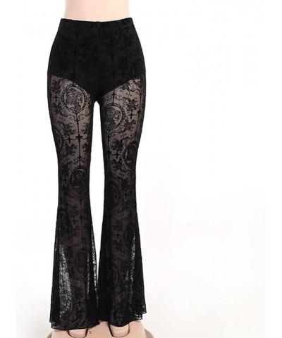 Women's Gothic Sexy Sheer Mesh Pants Lace Crochet Slim Fit Flare Wide Leg Rise Culottes Festival Clubwear 12 Black $11.60 Pants