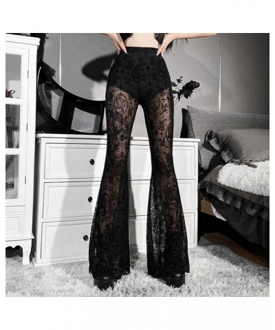 Women's Gothic Sexy Sheer Mesh Pants Lace Crochet Slim Fit Flare Wide Leg Rise Culottes Festival Clubwear 12 Black $11.60 Pants