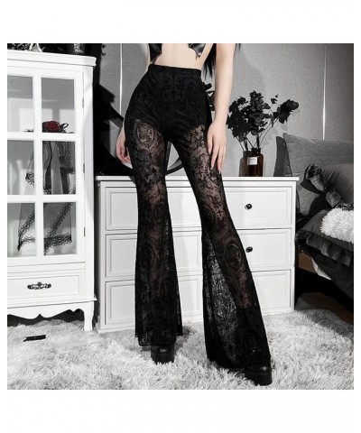 Women's Gothic Sexy Sheer Mesh Pants Lace Crochet Slim Fit Flare Wide Leg Rise Culottes Festival Clubwear 12 Black $11.60 Pants