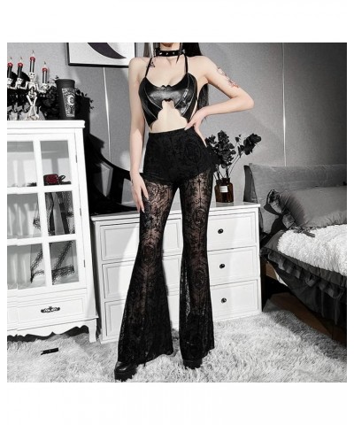 Women's Gothic Sexy Sheer Mesh Pants Lace Crochet Slim Fit Flare Wide Leg Rise Culottes Festival Clubwear 12 Black $11.60 Pants