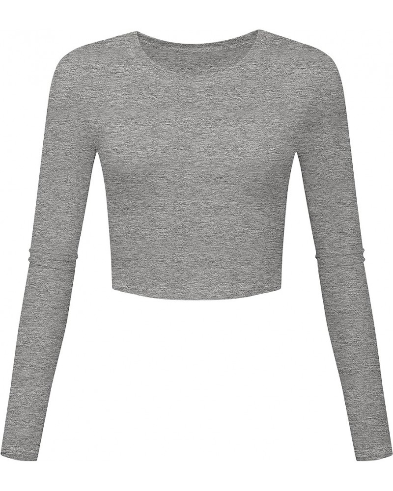 Round Neck Crop Tops Slim Fit Basic Long Sleeve Workout Shirts for Women Light Grey $7.27 T-Shirts