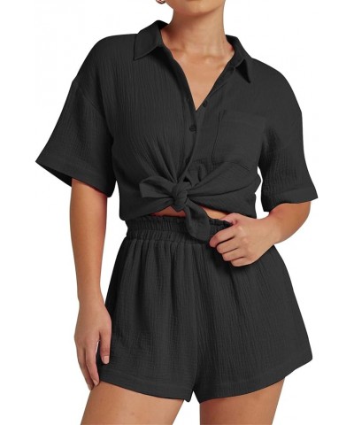 Womens Casual 2 Piece Outfits Cotton Linen Sets Button Down Shirt Top Shorts Pajama Set Tracksuit Black $23.51 Sleep & Lounge