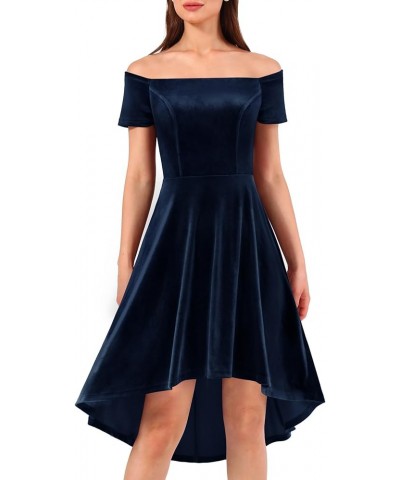 Womens Off The Shoulder Short Sleeve High Low Prom Dresses 2024 for Wedding Guest Cocktail Party Formal Dress Velvet-navy $20...