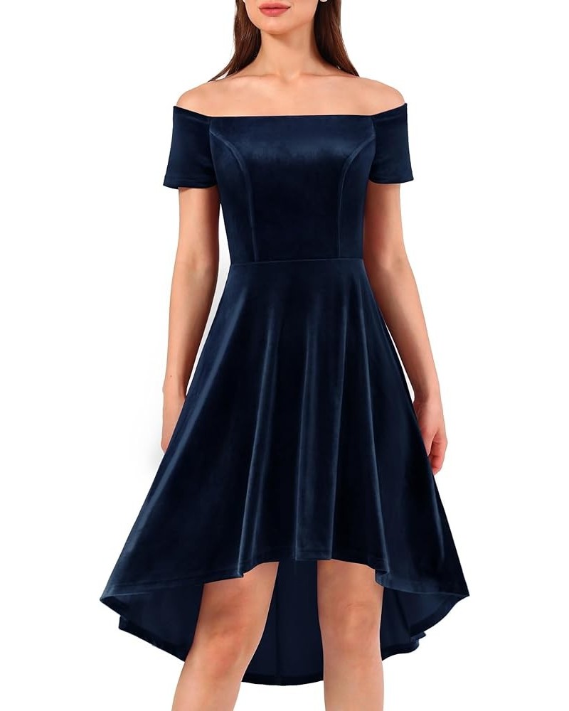 Womens Off The Shoulder Short Sleeve High Low Prom Dresses 2024 for Wedding Guest Cocktail Party Formal Dress Velvet-navy $20...