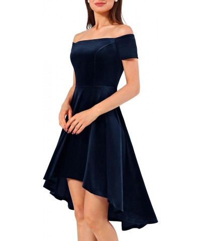 Womens Off The Shoulder Short Sleeve High Low Prom Dresses 2024 for Wedding Guest Cocktail Party Formal Dress Velvet-navy $20...