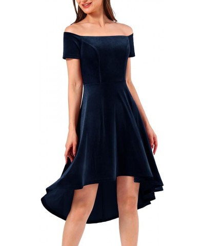 Womens Off The Shoulder Short Sleeve High Low Prom Dresses 2024 for Wedding Guest Cocktail Party Formal Dress Velvet-navy $20...