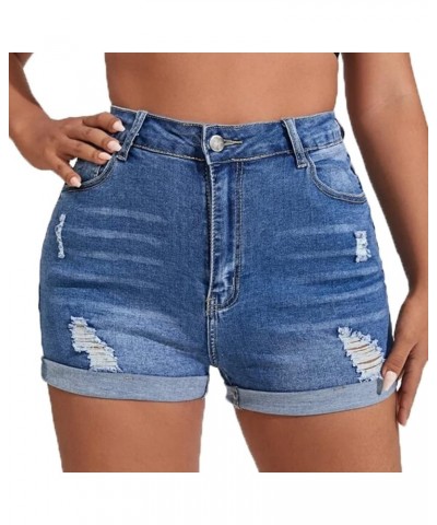 Women Jean Short Ripped Hot Shorts Comfy Stretchy Women Fringed Denim Shorts Dark Blue-5 $19.66 Shorts