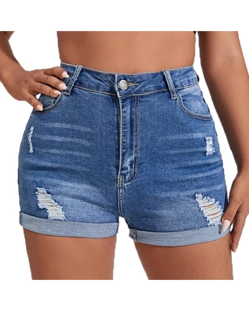 Women Jean Short Ripped Hot Shorts Comfy Stretchy Women Fringed Denim Shorts Dark Blue-5 $19.66 Shorts