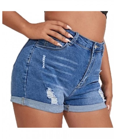 Women Jean Short Ripped Hot Shorts Comfy Stretchy Women Fringed Denim Shorts Dark Blue-5 $19.66 Shorts