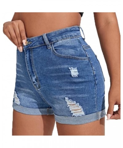 Women Jean Short Ripped Hot Shorts Comfy Stretchy Women Fringed Denim Shorts Dark Blue-5 $19.66 Shorts