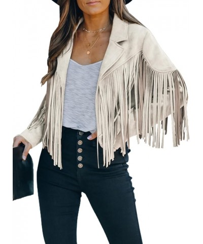 Women Faux Suede Jacket Long Sleeve Fringe Cropped Jacket Western Outfits Outerwear White $31.85 Coats