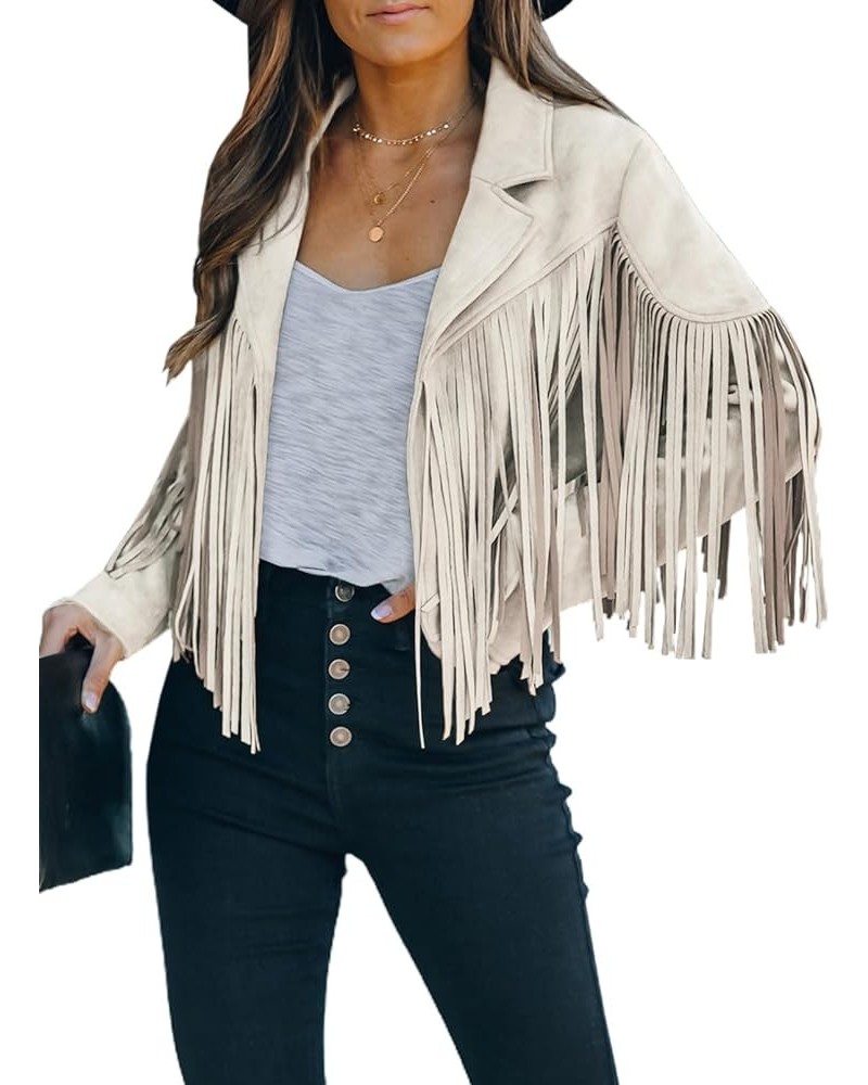 Women Faux Suede Jacket Long Sleeve Fringe Cropped Jacket Western Outfits Outerwear White $31.85 Coats